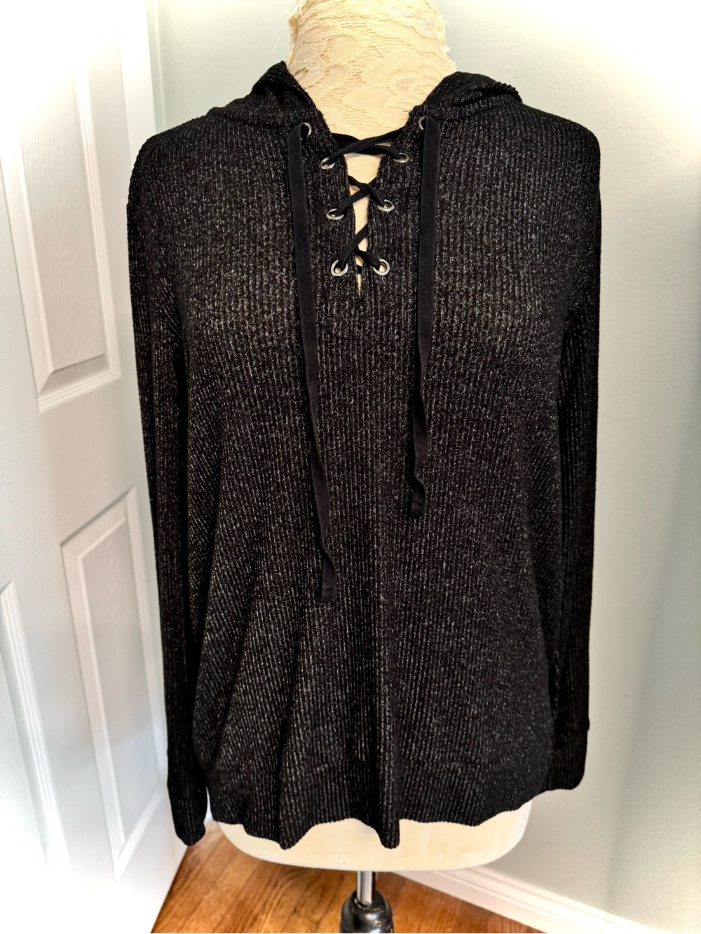 Market & Spruce Black Lace-Up Hoodie with Subtle Metallic Thread